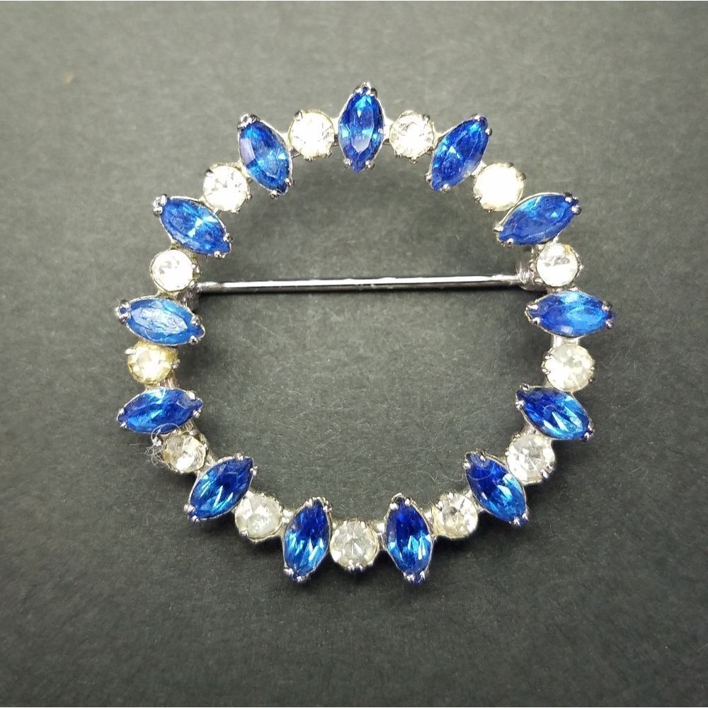 Vintage Carl Art Sterling Silver 1950's Blue Clear Rhinestone Circle Pin Brooch